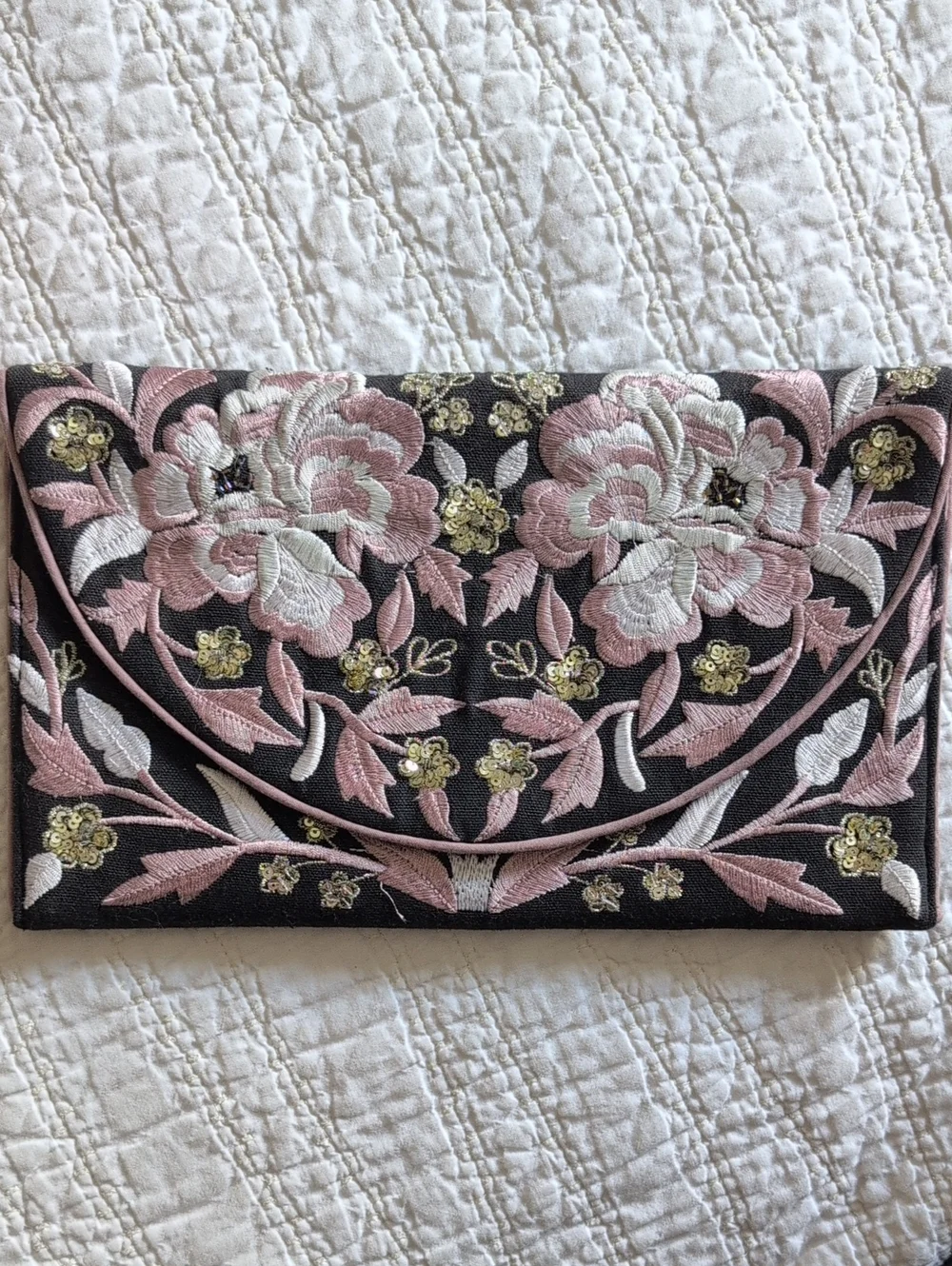 Embroidered Black & Pink Floral Clutch